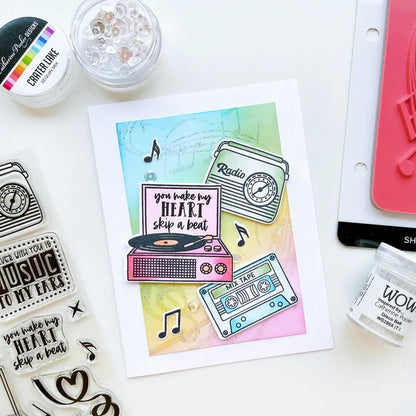 Catherine Pooler - Stamp & Die Set - Music to My Ears. Music to My Ears Stamp Set and the coordinating Dies is an adorable line-art stamp set featuring these images and retro illustrated sentiments. Available at Embellish Away located in Bowmanville Ontario Canada. Card example by brand ambassador.