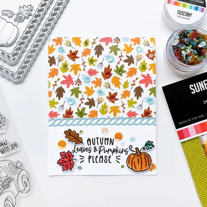 Catherine Pooler - Stamp & Die Set - Pumpkin Pick-Up. Straight from the farm, this Set is the quintessential fall image! Color in this large line art image of a vintage truck filled to the brim with hay, sunflowers and of course- the pumpkins! Available at Embellish Away located in Bowmanville Ontario Canada. Example by brand ambassador.