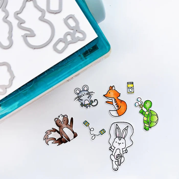 Catherine Pooler - Stamp & Die Set - School's Out. School's Out for the summer and these woodland buddies are ready for some outdoor play! Available at Embellish Away located in Bowmanville Ontario Canada.