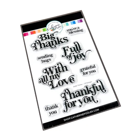 Catherine Pooler - Stamp & Die Set - Sentiments - Joyful Thanks. Send a "big thanks" with the Joyful Thanks Sentiment Stamp & Die Set. This stamp set features some large sentiments and smaller complimentary sentiments to use alone or inside the card. Available at Embellish Away located in Bowmanville Ontario Canada.