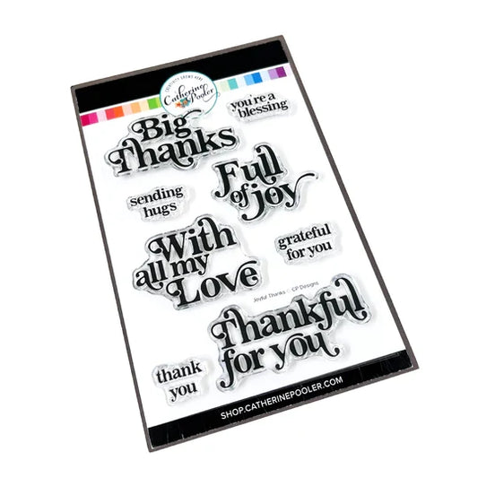 Catherine Pooler - Stamp & Die Set - Sentiments - Joyful Thanks. Send a "big thanks" with the Joyful Thanks Sentiment Stamp & Die Set. This stamp set features some large sentiments and smaller complimentary sentiments to use alone or inside the card. Available at Embellish Away located in Bowmanville Ontario Canada.