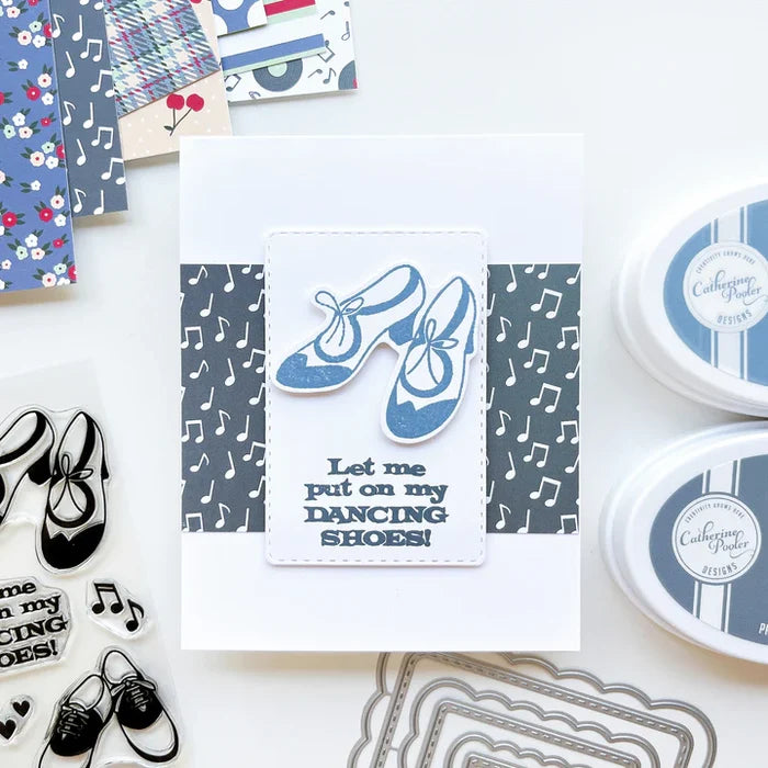Catherine Pooler - Stamp & Die Set - Sock Hop. Travel the decades with these adorable and iconic shoe images in the Sock Hop Stamp Set and the coordinating Dies. Available at Embellish Away located in Bowmanville Ontario Canada. card example by brand ambassador.
