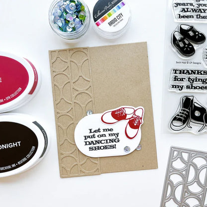 Catherine Pooler - Stamp & Die Set - Sock Hop. Travel the decades with these adorable and iconic shoe images in the Sock Hop Stamp Set and the coordinating Dies. Available at Embellish Away located in Bowmanville Ontario Canada. card example by brand ambassador.