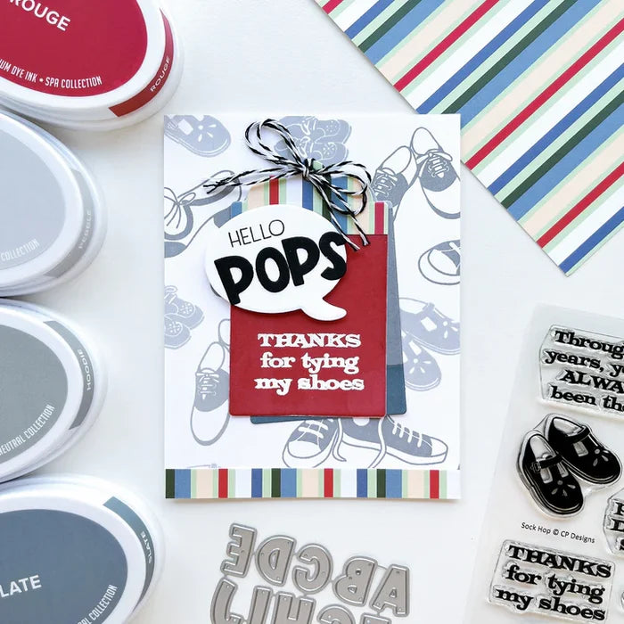 Catherine Pooler - Stamp & Die Set - Sock Hop. Travel the decades with these adorable and iconic shoe images in the Sock Hop Stamp Set and the coordinating Dies. Available at Embellish Away located in Bowmanville Ontario Canada. card example by brand ambassador.