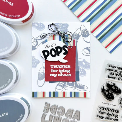 Catherine Pooler - Stamp & Die Set - Sock Hop. Travel the decades with these adorable and iconic shoe images in the Sock Hop Stamp Set and the coordinating Dies. Available at Embellish Away located in Bowmanville Ontario Canada. card example by brand ambassador.
