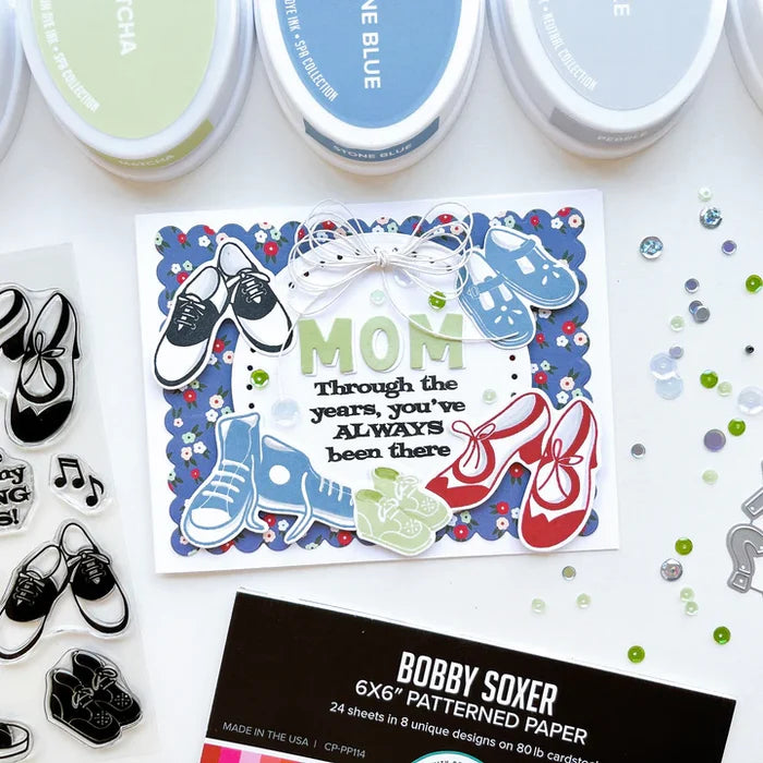 Catherine Pooler - Stamp & Die Set - Sock Hop. Travel the decades with these adorable and iconic shoe images in the Sock Hop Stamp Set and the coordinating Dies. Available at Embellish Away located in Bowmanville Ontario Canada. card example by brand ambassador.