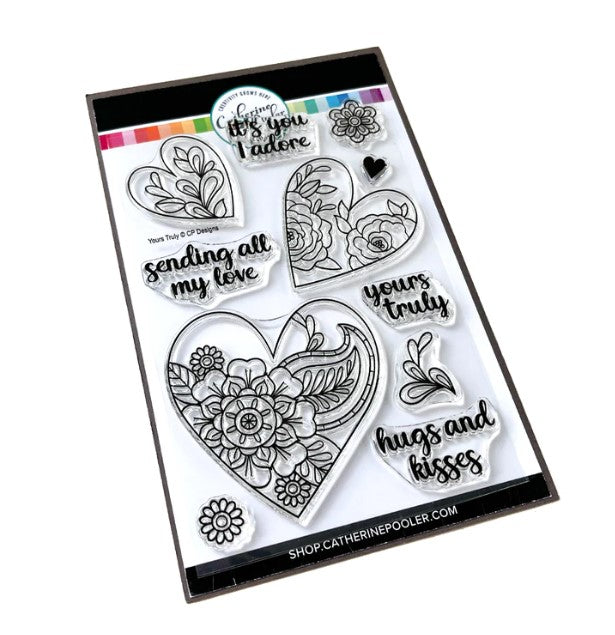 Catherine Pooler - Stamp & Die Set - Yours Truly. Send all your love with the Yours Truly Stamp & Die Set. This set of line-art heart stamps are adorned with floral and paisley patterns. Use one or layer more than one die cut heart on your card. Available at Embellish Away located in Bowmanville Ontario Canada.