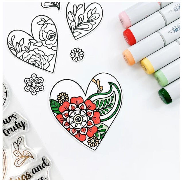 Catherine Pooler - Stamp & Die Set - Yours Truly. Send all your love with the Yours Truly Stamp & Die Set. This set of line-art heart stamps are adorned with floral and paisley patterns. Use one or layer more than one die cut heart on your card. Available at Embellish Away located in Bowmanville Ontario Canada.