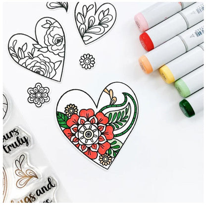 Catherine Pooler - Stamp & Die Set - Yours Truly. Send all your love with the Yours Truly Stamp & Die Set. This set of line-art heart stamps are adorned with floral and paisley patterns. Use one or layer more than one die cut heart on your card. Available at Embellish Away located in Bowmanville Ontario Canada.