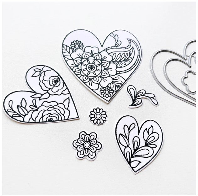 Catherine Pooler - Stamp & Die Set - Yours Truly. Send all your love with the Yours Truly Stamp & Die Set. This set of line-art heart stamps are adorned with floral and paisley patterns. Use one or layer more than one die cut heart on your card. Available at Embellish Away located in Bowmanville Ontario Canada.