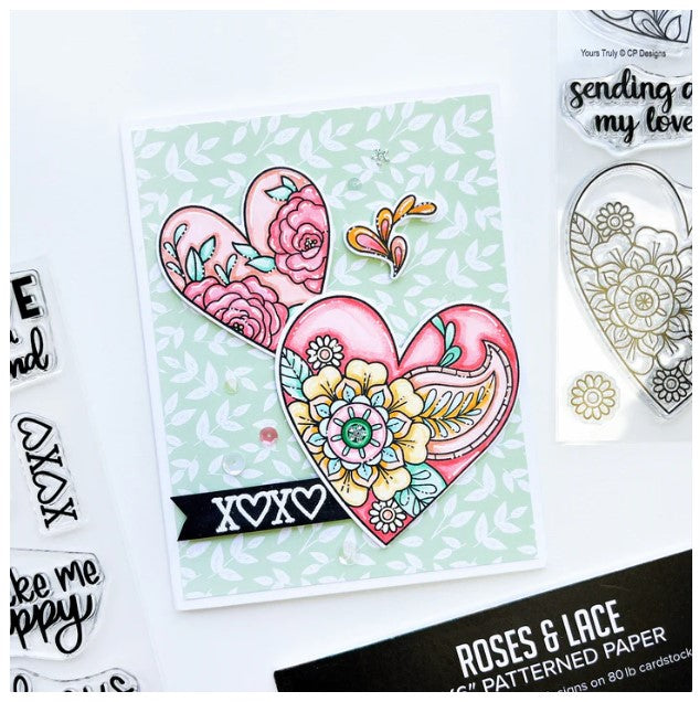 Catherine Pooler - Stamp & Die Set - Yours Truly. Send all your love with the Yours Truly Stamp & Die Set. This set of line-art heart stamps are adorned with floral and paisley patterns. Use one or layer more than one die cut heart on your card. Available at Embellish Away located in Bowmanville Ontario Canada. Card by brand ambassador.