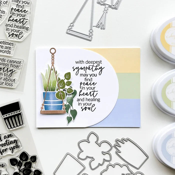Catherine Pooler - Stamp & Dies Set - Green Thumb. Create your card happy place with this Stamp Set and dies. House plants and pots are super fun to mix and match. Grab an array of shades of green and have fun experimenting with stamping. Available at Embellish Away located in Bowmanville Ontario Canada. Card example by brand ambassador.