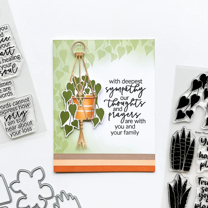 Catherine Pooler - Stamp & Dies Set - Green Thumb. Create your card happy place with this Stamp Set and dies. House plants and pots are super fun to mix and match. Grab an array of shades of green and have fun experimenting with stamping. Available at Embellish Away located in Bowmanville Ontario Canada. Card example by brand ambassador.