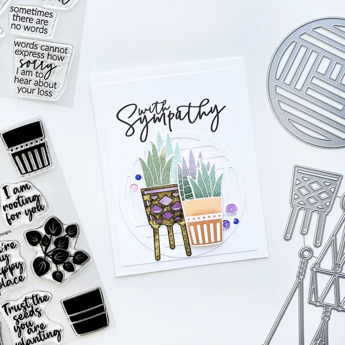 Catherine Pooler - Stamp & Dies Set - Green Thumb. Create your card happy place with this Stamp Set and dies. House plants and pots are super fun to mix and match. Grab an array of shades of green and have fun experimenting with stamping. Available at Embellish Away located in Bowmanville Ontario Canada. Card example by brand ambassador.