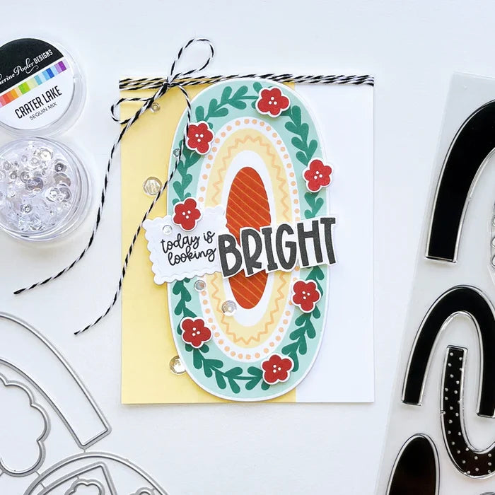 Catherine Pooler - Stamp & Dies Set - Smile Bright. Smile Bright! This 6x8 Stamp Set and coordinating dies are ready for you to piece it together to your hearts content to create a modern, boho rainbow. Available at Embellish Away located in Bowmanville Ontario Canada. Card example by brand ambassador.