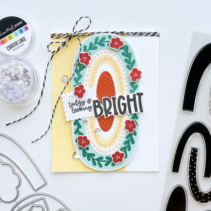 Catherine Pooler - Stamp & Dies Set - Smile Bright. Smile Bright! This 6x8 Stamp Set and coordinating dies are ready for you to piece it together to your hearts content to create a modern, boho rainbow. Available at Embellish Away located in Bowmanville Ontario Canada. Card example by brand ambassador.