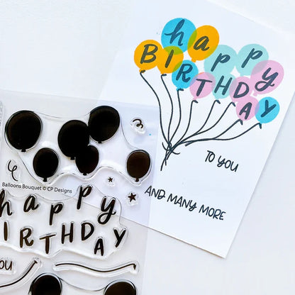 Catherine Pooler - Stamp Set - Balloon Bouquet. Create a colorful and modern birthday greeting with the Balloon Bouquet Stamp Set. This set was made for layering with the "happy birthday" sentiment letters fitting over each balloon. Available at Embellish Away located in Bowmanville Ontario Canada. Example by brand ambassador.