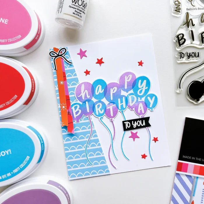 Catherine Pooler - Stamp Set - Balloon Bouquet. Create a colorful and modern birthday greeting with the Balloon Bouquet Stamp Set. This set was made for layering with the "happy birthday" sentiment letters fitting over each balloon. Available at Embellish Away located in Bowmanville Ontario Canada. Example by brand ambassador.
