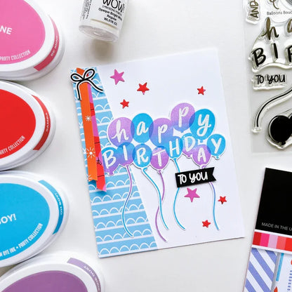 Catherine Pooler - Stamp Set - Balloon Bouquet. Create a colorful and modern birthday greeting with the Balloon Bouquet Stamp Set. This set was made for layering with the "happy birthday" sentiment letters fitting over each balloon. Available at Embellish Away located in Bowmanville Ontario Canada. Example by brand ambassador.