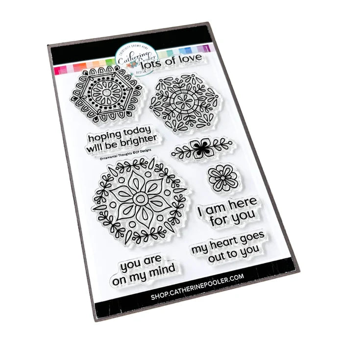 Catherine Pooler - Stamp Set - Ornamental Thoughts. The line art medallions and sentiments in the Ornamental Thoughts Stamp Stamp Set pair perfectly with the Peace in Flight Stamp Set featuring ornately decorated dove and swan stamps to grace your cards. Available at Embellish Away located in Bowmanville Ontario Canada