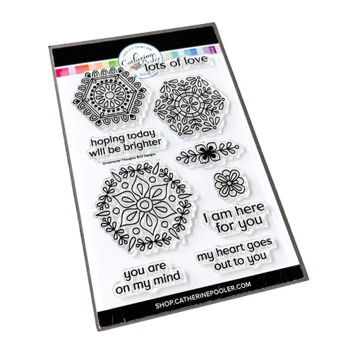 Catherine Pooler - Stamp Set - Ornamental Thoughts. The line art medallions and sentiments in the Ornamental Thoughts Stamp Stamp Set pair perfectly with the Peace in Flight Stamp Set featuring ornately decorated dove and swan stamps to grace your cards. Available at Embellish Away located in Bowmanville Ontario Canada