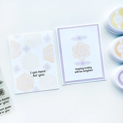 Catherine Pooler - Stamp Set - Ornamental Thoughts. The line art medallions and sentiments in the Ornamental Thoughts Stamp Stamp Set pair perfectly with the Peace in Flight Stamp Set featuring ornately decorated dove and swan stamps to grace your cards. Available at Embellish Away located in Bowmanville Ontario Canada. Card example by brand ambassador.