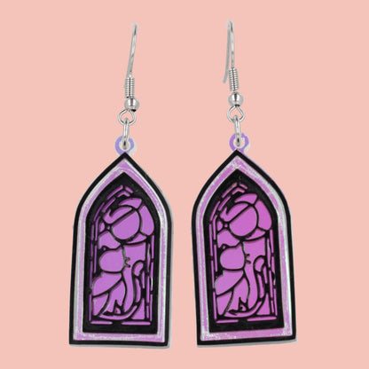 Stained Glass Window Earrings - Cat And Moon