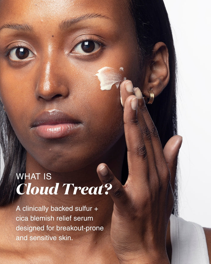 Woman applying a skincare product to her face with text about 'Cloud Treat' serum.