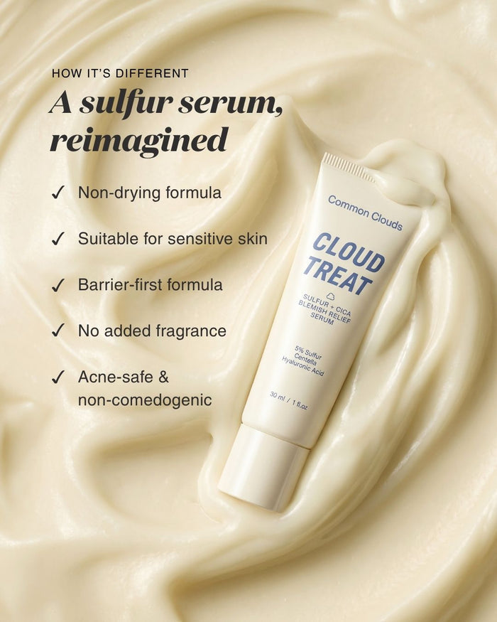Tube of Cloud Treat serum on a creamy background with text highlighting features.