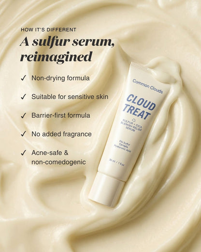Tube of Cloud Treat serum on a creamy background with text highlighting features.