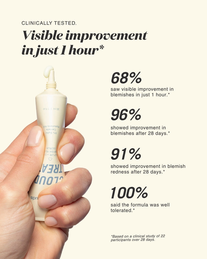 Hand holding a skincare product with clinical improvement statistics on a white background