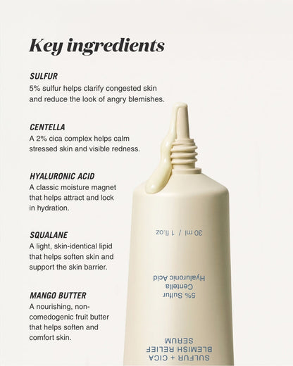 Skincare serum tube with key ingredients listed on a white background