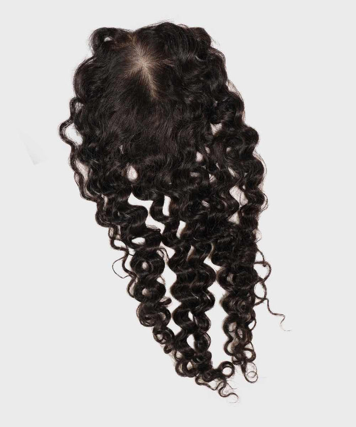 A dark brown, curly lace hair closure with defined spiral curls on a plain white background, featuring a natural-looking scalp part at the top.