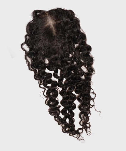 A dark brown, curly lace hair closure with defined spiral curls on a plain white background, featuring a natural-looking scalp part at the top.