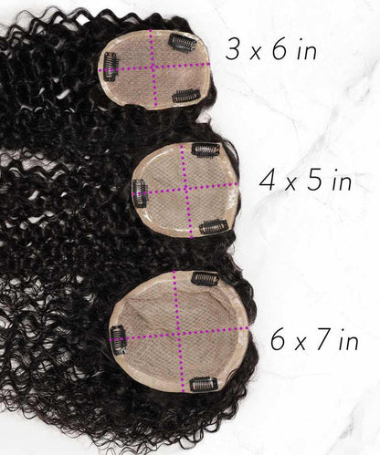 Explore three sizes of curly hair toppers with mesh bases and secure clips: 3x6, 4x5, and 6x7 inches, each clearly labeled.