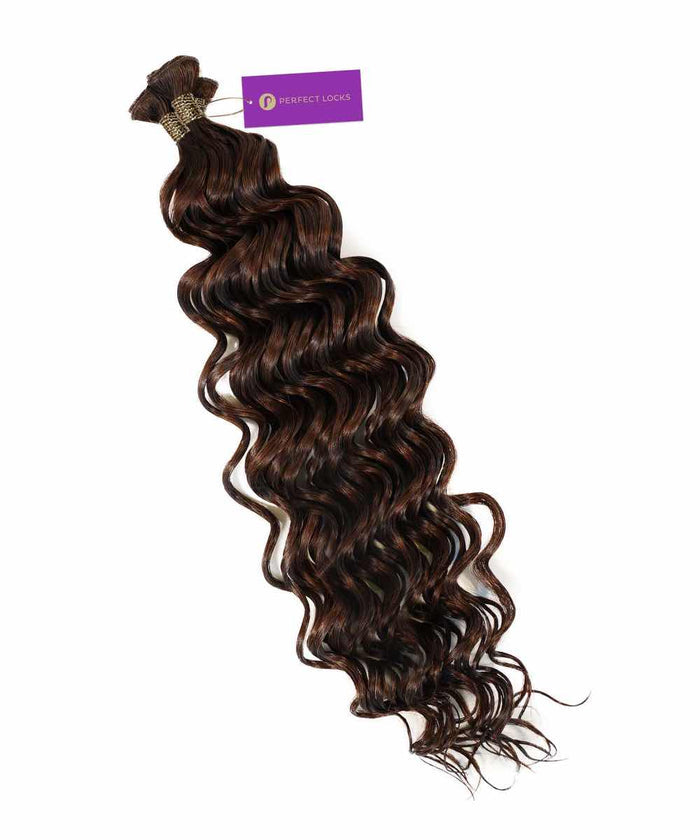 A bundle of long, jet black Curly Hybrid Weft Hair Extensions tied with a gold band and purple "Perfect Locks" tag; shiny curls.#color_chocolate-brown-(3)