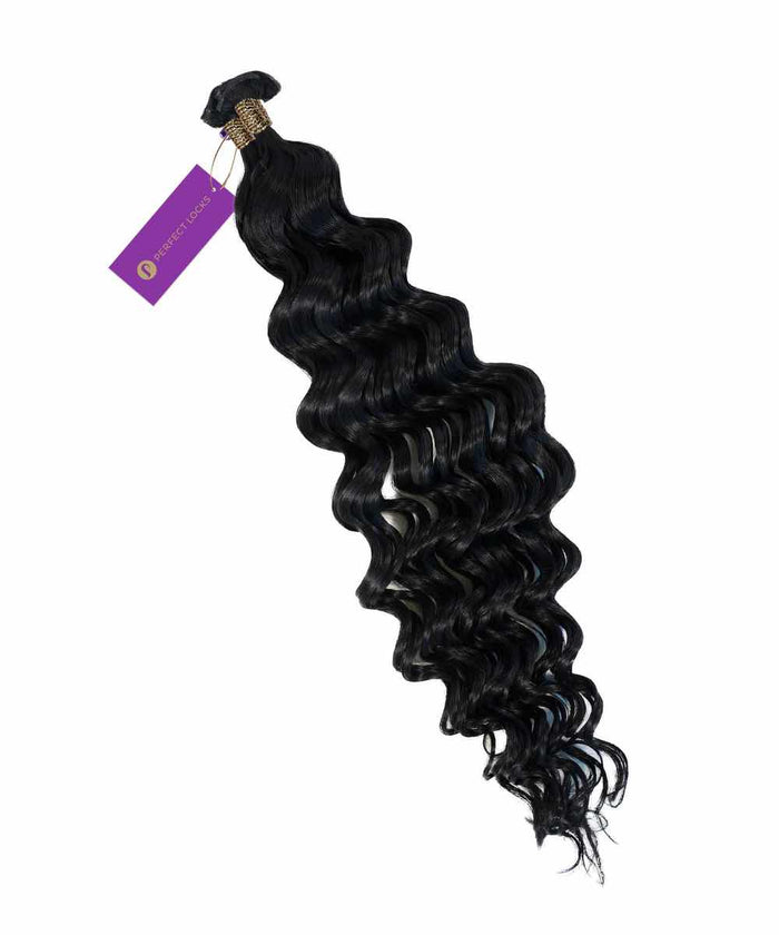 Perfect Locks Curly Hybrid Weft Hair Extensions in Jet Black  with a purple tag, isolated on a white background.#color_jet-black-(1)