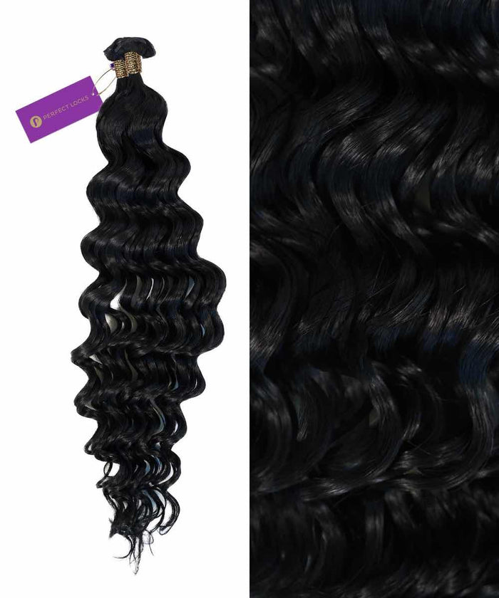 A bundle of Perfect Locks Curly Hybrid Weft Hair Extensions in Natural Black  with a purple label beside shiny, defined curls.#color_jet-black-(1)