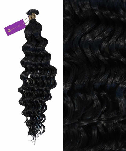 A bundle of Perfect Locks Curly Hybrid Weft Hair Extensions in Natural Black  with a purple label beside shiny, defined curls.#color_jet-black-(1)