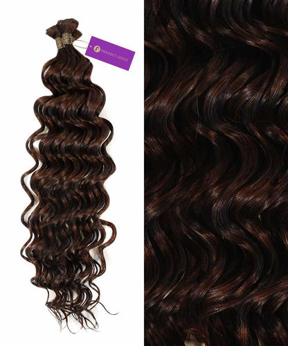On the left is a bundle of Perfect Locks Curly Hybrid Weft Hair Extensions in Natural Black  with a purple tag; on the right, a close-up shows shiny, defined curls.#color_chocolate-brown-(3)