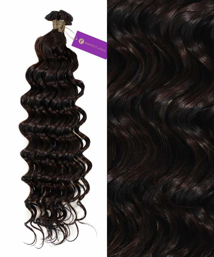 Perfect Locks Curly Hybrid Weft Hair Extensions in Chocolate Brown  with loose curls and top tag, close-up shows soft waves.#color_natural-black-(1B)