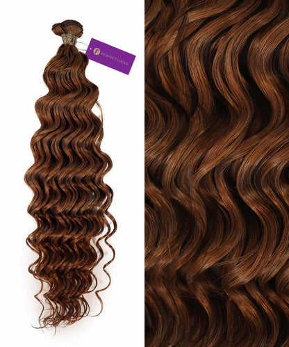 On the left, Curly Hybrid Weft Hair Extensions by Perfect Locks in Honey Blonde , with a right close-up of shiny curls and a purple tag.#color_golden-brown-(6)