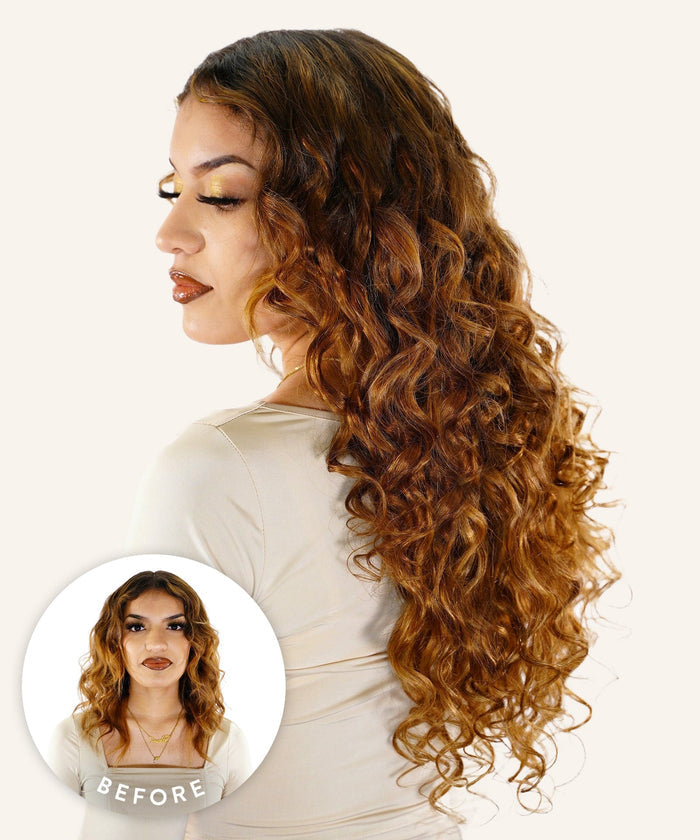 A woman with long, voluminous, curly black hair poses in profile after using Curly Perfect Crown Hair Extensions; an inset shows her before with shorter curls and a neutral expression.