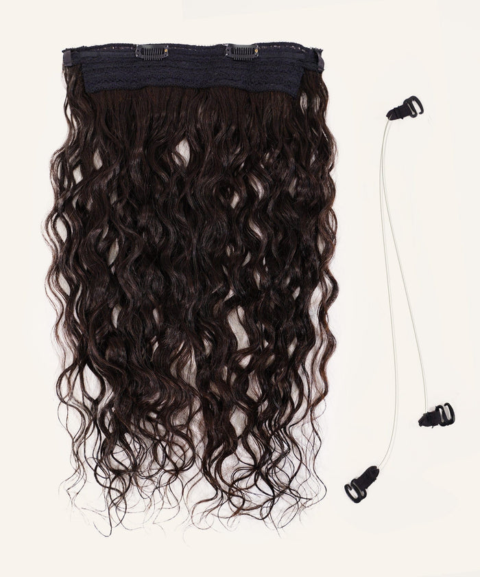 Curly Perfect Crown Hair Extensions by Perfect Locks in Chocolate Brown  with clip-ins next to two clear elastic bands, all on a light background.#color_natural-black-(1B)