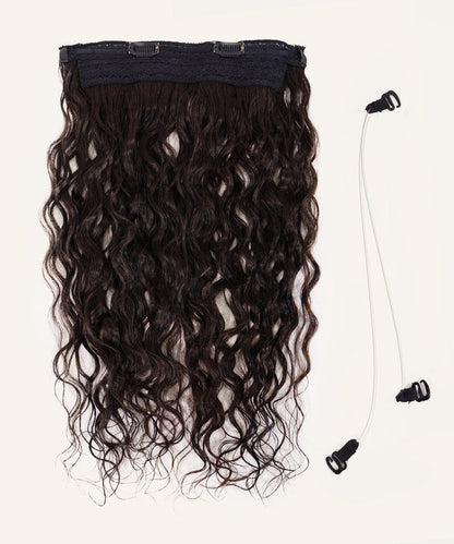 Curly Perfect Crown Hair Extensions by Perfect Locks in Chocolate Brown  with clip-ins next to two clear elastic bands, all on a light background.#color_natural-black-(1B)