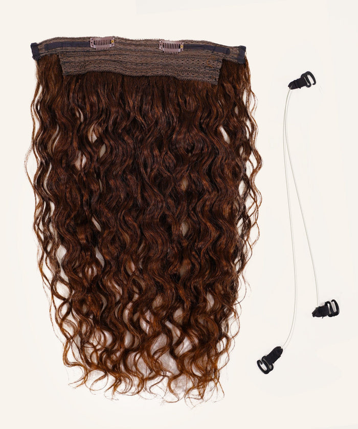 The Perfect Locks Curly Perfect Crown Hair Extensions in Platinum Blonde  with clip attachments and clear wire, on white background.#color_chocolate-brown-(3)