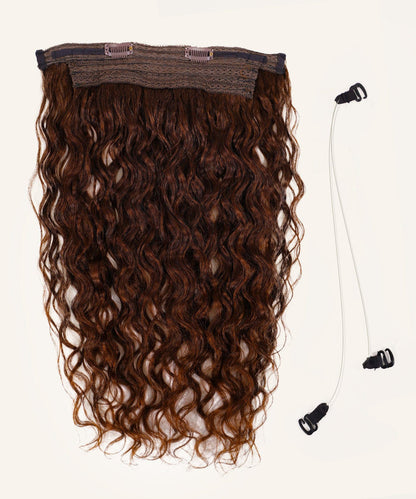 The Perfect Locks Curly Perfect Crown Hair Extensions in Platinum Blonde  with clip attachments and clear wire, on white background.#color_chocolate-brown-(3)