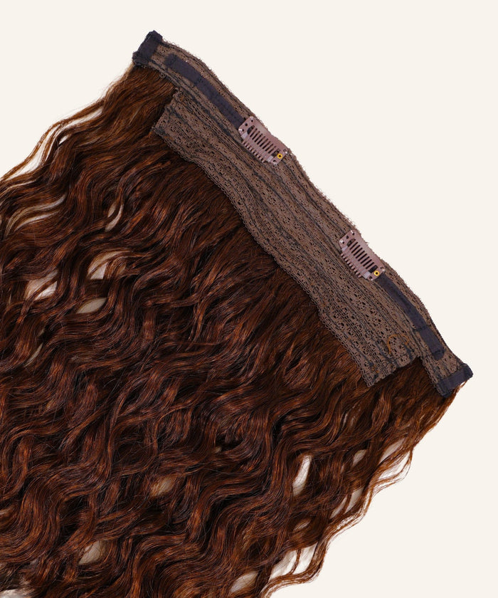 The Curly Perfect Crown Hair Extensions by Perfect Locks in Dark Auburn  feature wavy Remy hair with clips on a lace band, shown against a light background.#color_chocolate-brown-(3)