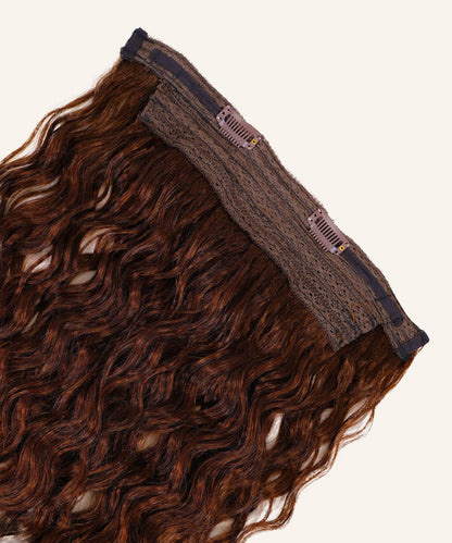 The Curly Perfect Crown Hair Extensions by Perfect Locks in Dark Auburn  feature wavy Remy hair with clips on a lace band, shown against a light background.#color_chocolate-brown-(3)