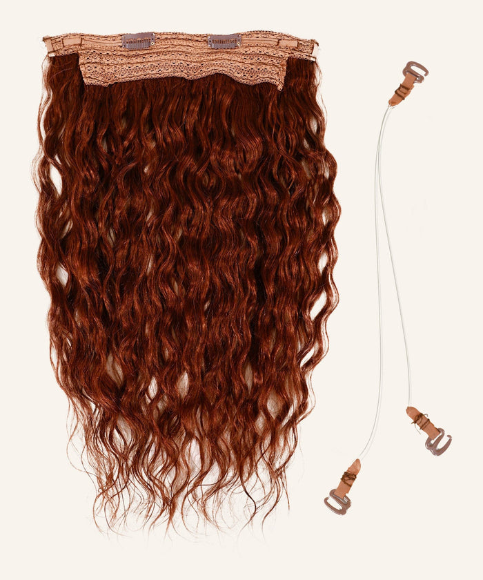 The Perfect Locks Curly Perfect Crown Hair Extensions in Warm Mocha Lowlights with clear straps, brown clasps, loose waves, clips.#color_dark-auburn-(33)